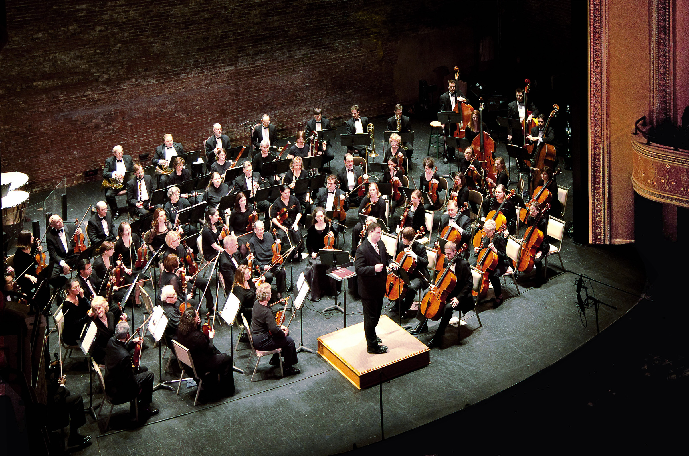 Orchestra on stage at the Folly Theater